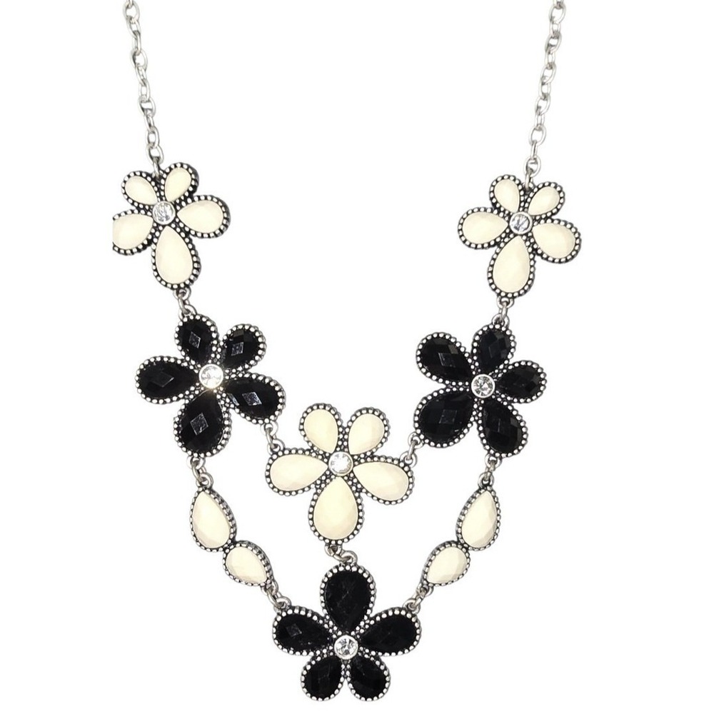 Silver PREMIER DESIGNS‎ Black & Cream Rhinestone Flower Statement Necklace Set